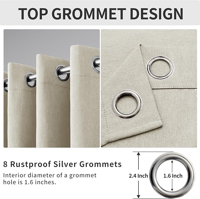 Easy-Going Linen Look Blackout Curtain 108 Inch Length Grommet Window Curtain Drapes for Bedroom, Living Room Thermal Insulated Room Darkening (Set of 2 Panels, Natural)