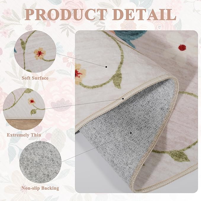 DUKINO 8x10 Area Rug, Floral Rugs for Living Room, Lightweight Non Slip Washable Rug, Indoor Low Pile & Non-Shedding Boho Design Rugs for Bedroom, Living Room, Dining Room, Beige