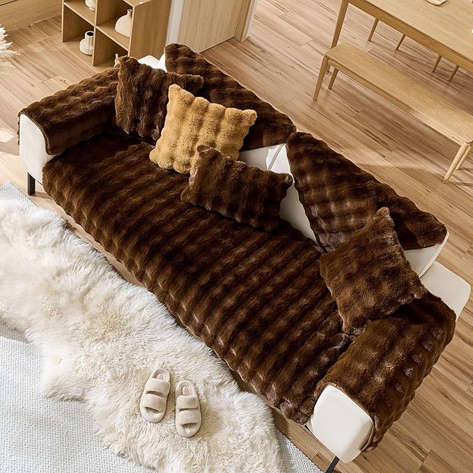 Faux Fur Decorative Throw Pillow Cover Plush Thick Bubble Pillow Covers Luxury Soft Cozy Accent Pillowcase for Spring Sofa Living Room Couch Bed (Coffee,12"x20")