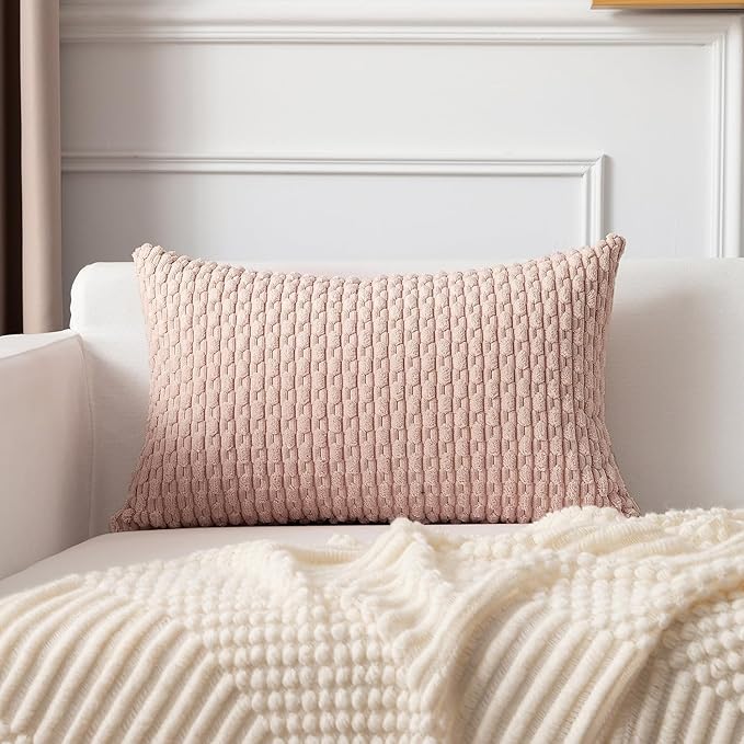 Kevin Textile Valentines Day 12x24 Inch Pillow Cover 1 Pack Boho Decorative Soft Striped Corduroy Lumbar Farmhouse Accent Rectangle Cushion Case for Living Room Couch Sofa Bed, Light Pink