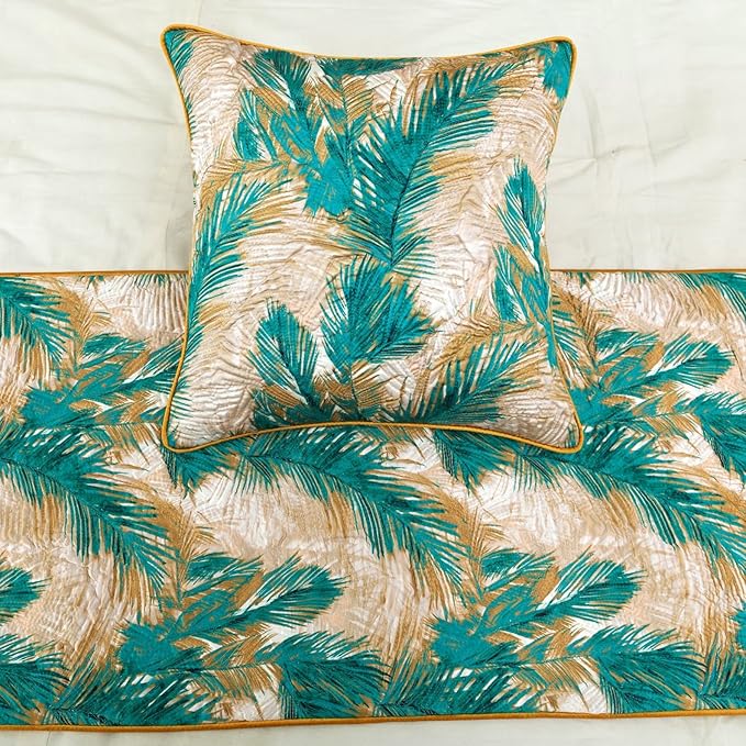 The HomeCentric King/Queen/Twin Green Decorative Full 68"x18" Bed Runner with 2 Pillow Cover, Plam Leaves & Quilted Bed Scarf on Satin Fabric - Palms