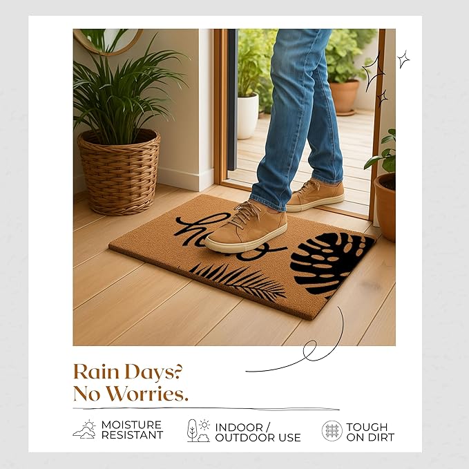 Coir Door Mats 17" X 30", Non-Slip Sturdy, PVC Backed Heavy Duty, Easy to Clean, Ideal for Door Entrance, Patio, Porch, Backyard, Garages, Hello - Black Leaves