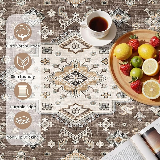 Vintage Living Room Area Rug 2x3 - Large Soft Washable Oriental Traditional Distressed Farmhouse Rugs for Bedroom - Indoor Floor Accent Carpet for Home Office House Decor - Dark Brown