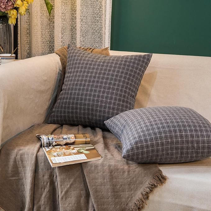Tweed Throw Pillow Covers Woolen-Style Fabric Square Pillow Cases for Farmhouse Cushion Case and Home Sofa Couch Decor Pack of 2,18x18 Inch (18x18 in, Senior Grey Plaid)