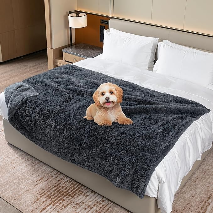 Waterproof Gray Pet Blanket for Dogs Fluffy Long Faux Fur Pets Throw Blankets for Large Dog Cat Puppy Couch Cover Love Bed Protector Mat Washable(Grey,L-65X57in)