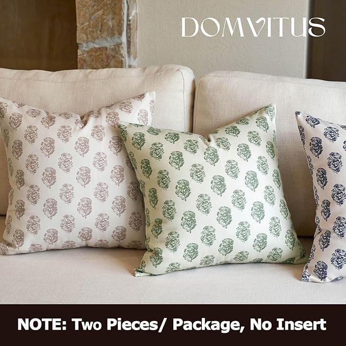 DOMVITUS Set of 2 Floral Pillow Covers 18x18, Block Print Pillow Covers Vintage Neutral Decorative Farmhouse Throw Pillow Covers for Couch Bed Living Room Sage Green