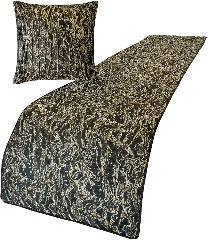 The HomeCentric King/Queen/Twin Black Decorative Bed Runner King 90"x18" Bed Runner with One Pillow Cover, Marble Pattern, Pintucks, Quilted Bed Scarf on Jacquard Fabric - Stellaris