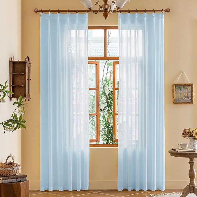 MAIHER Light Filtering Pinch Pleat Curtains 63 Inches Long Light Sky Blue Sheer Curtain Panels Soft Touch Short Pleated Drapes with Adjustable Hooks for Bedroom, Sky Blue, 42" W x 63" L, 2 Panels