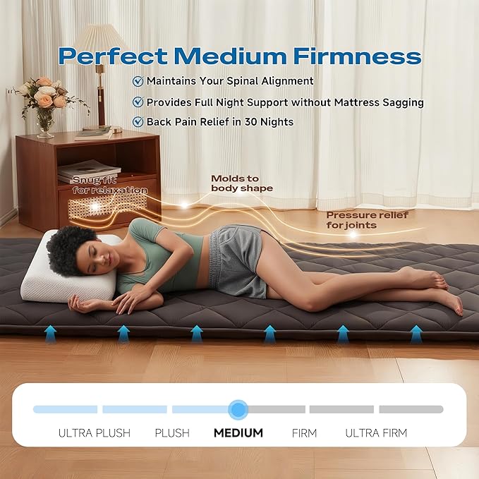 Aircliff Japanese Floor Futon Mattress, Roll Up Tatami Mat, Sleeping Pad, Shikibuton, CertiPUR-US Certified Foam Floor Bed Mattress for Sleeping, Dormitory, Guest Bed, Designed in Japan(Grey, Queen)