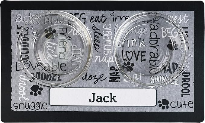 Drymate Personalized Pet Bowl Placemat, Custom Dog & Cat Food Feeding Mat - Absorbent Fabric, Waterproof Backing - Machine Washable/Durable (USA Made) (12" x 20") (Linen Black)