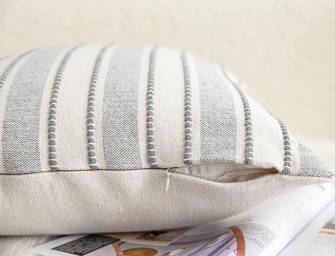 Decorative Boho Throw Pillow Covers, Farmhouse Textured Pillow Case, 18 x 18 Inch Set of 2, Chair Sofa Bedroom Living Room Home Decor Couch Cushion Case, Grey and Beige Striped