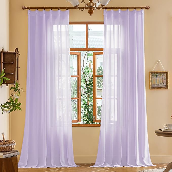 Light Purple Pinch Pleat Curtains 120 Inch Length for Living Room 10ft Curtains Light Filtering Sheer Pleated Drapes with Adjustable Hooks for Traverse Rod, Pastel Lilac, 42" W x 120" L, 2 Panels