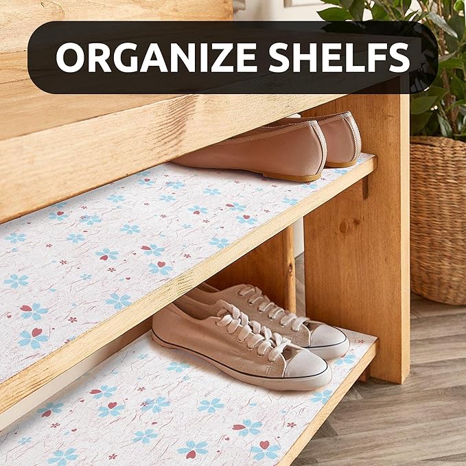 RAY STAR 18X96 Inch Shelf Liner for Kitchen Cabinets, Non-Adhesive Cabinet Liner Washable, PVC Drawer Liner for Dresser Non-Slip Bathroom (Blue-Floral)(4 Roll)