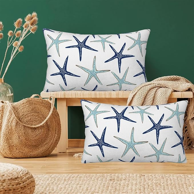 Throw Pillow Covers Nautical Starfish Pillow Covers 20x12 Inch Set of 2 Navy Blue and Turquoise Sea Stars Throw Pillows Decorative Pillow Cases Cushion Covers for Bedroom Livingroom