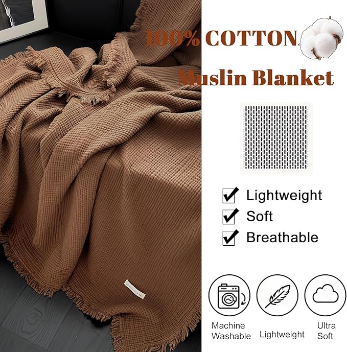 MorroMorn 100% Cotton Queen Size Bed Blanket 80"x90" Muslin Blanket with Fringes, 4-Layer Gauze Blankets for Adult, Boho Bedding Breathable Lightweight Ultra-Soft for All Seasons, Brown