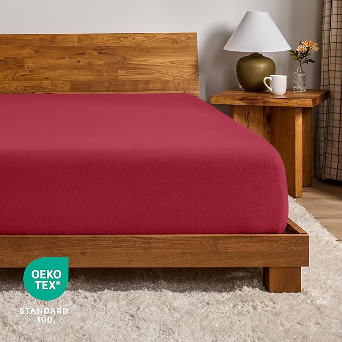 Bare Home Flannel Fitted Bottom Sheet 100% Cotton, Velvety Soft Heavyweight - Double Brushed Flannel - Deep Pocket (Twin, Red)