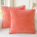 CaliTime Throw Pillow Covers Decorative 20 X 20 Inches Pack of 2 Cozy Solid Dyed Soft Chenille Cushion Cases with Pom Poms for Couch Sofa Bed Living Room Home Living Coral
