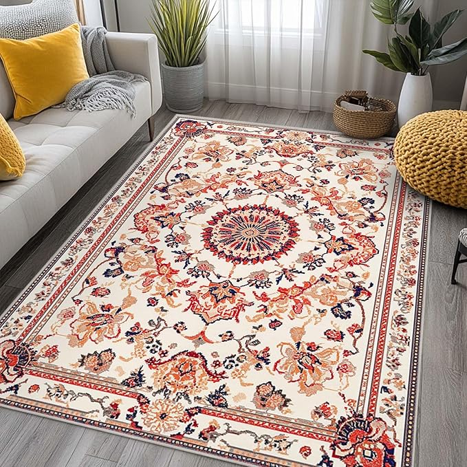6x9 Traditional Oriental Area Rug Boho Orange White Rug Non Slip Low Pile Large Carpet for Home Kitchen Living Room Bedroom Dining Room Office