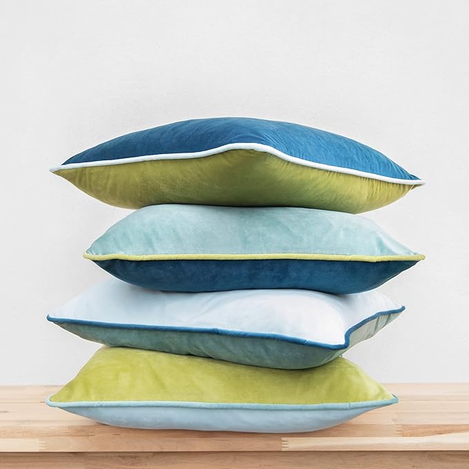 MONDAY MOOSE Decorative Throw Pillow Covers Cushion Cases, Set of 4 Soft Velvet Modern Double-Sided Designs, Mix and Match for Home Decor, Pillow Inserts Not Included (18x18 inch, Green/Blue)