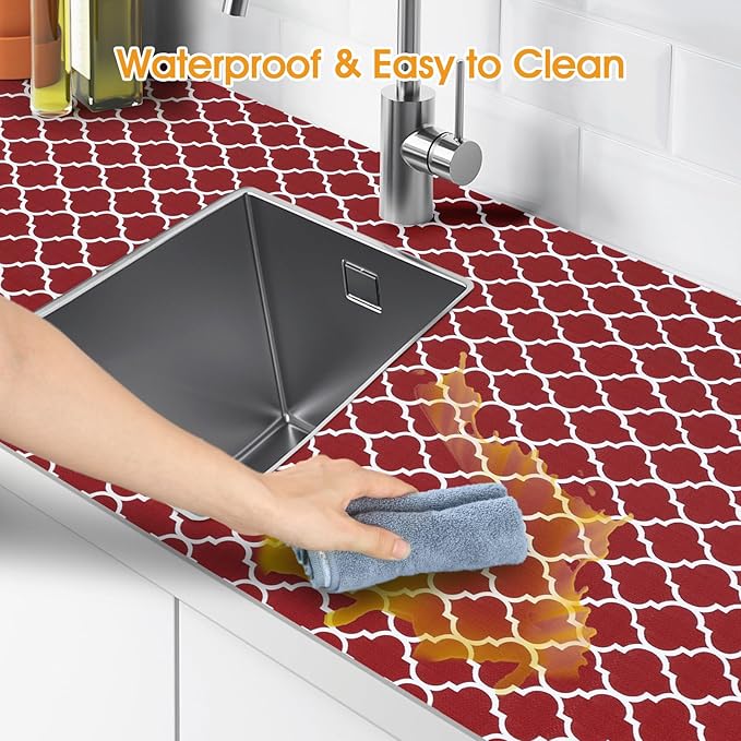 Shelf and Drawer Liner for Kitchen Cabinets Non-Adhesive, Strong Grip Non-Slip Thickened Cabinet Liners for Shelves, Waterproof Mats for Dresser Cupboard, Red/White, 12 in x 10 Feet