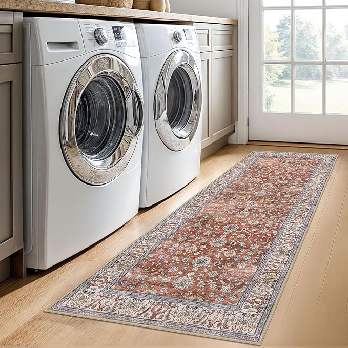 KUTA Runners for Hallways 2x6, Vintage Floral Rug Non-Slip Washable Kitchen Rugs Terracotta Ultra Thin Soft Printed Retro Distressed Flower Carpet Entryway Rugs for Bedroom Laundry Nursery