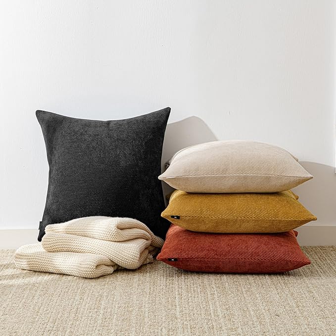 a moment Pack of 2 Decorative Chenille Throw Pillow Covers with Twill Cushion Covers for Sofa Living Room Couch Bed 16x16 Inch Black