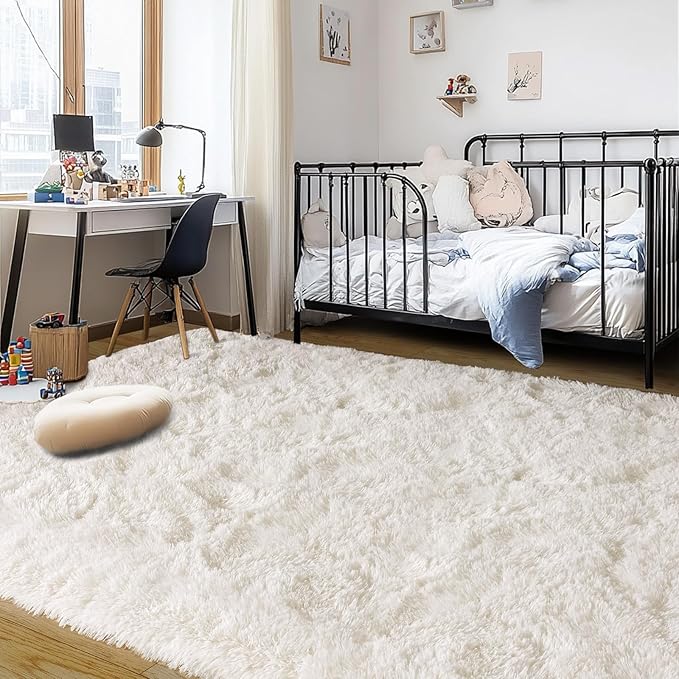 Cream White Plush Rug for Living Room Fuzzy Carpet for Bedroom Dorm, Non-Slip High Pile Rug, Shag Rug for Playroom Nursery Home Office Decor 8X10 Ft