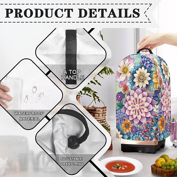 Bohe Flower Print Blender Covers for Kitchen Food Processor Cover with Durable Handle, Dust Covers for Kitchen Appliances Stand Mixer or Coffee Maker Appliance Cover