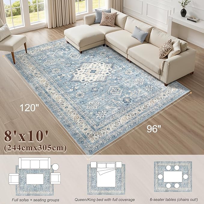 Vintage Living Room Area Rug 8x10 - Large Soft Washable Oriental Traditional Distressed Farmhouse Rugs for Bedroom - Indoor Floor Accent Carpet for Home Office House Decor - Blue