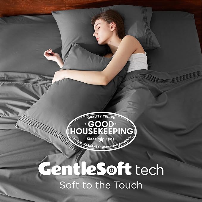 Bedsure Twin XL Sheets Dorm Bedding, GentleSoft Breathable Extra Long Twin Sheets & Pillowcases, Moisture Wicking Cooling, Deep Pocket Fits Mattress Up to 21 Inches Thick, Dark Grey