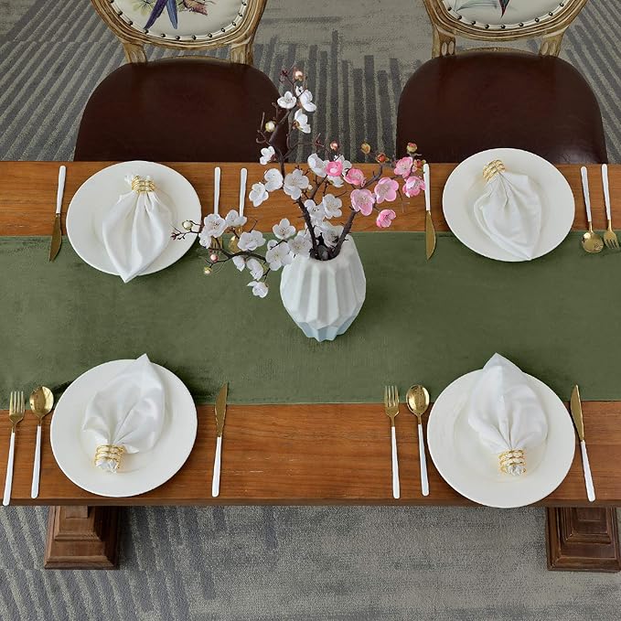 BALCONY & FALCON Velvet Table Runner 14"x71" Olive Luxury Machine Washable Farmhouse Vintage Runner for Table Dining, Party, Wedding, Birthday, Easter, Thanksgiving & Christmas & Home Décor