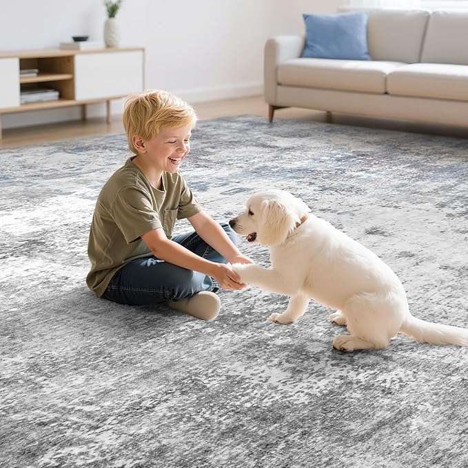 Washable 10X12 Area Rug: Modern Abstract Soft Non-Slip Indoor Rugs - Low Pile Stain Resistant Foldable Rug for Living Room Bedroom Dining Room Playroom Office(Blue Grey,10'x12')