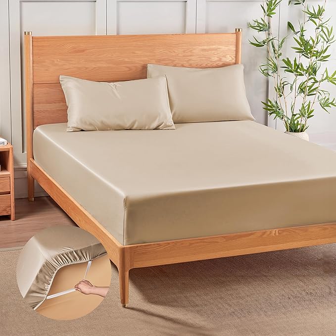 MR&HM Fitted Sheet & Pillowcase Set Queen, 3-Piece Blend Rayon Derived from Bamboo, Silky Soft & Breathable, 15" Deep Pocket with Elastic Straps, Cooling Sheets for Hot Sleepers, Beige