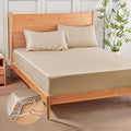 MR&HM Fitted Sheet & Pillowcase Set Queen, 3-Piece Blend Rayon Derived from Bamboo, Silky Soft & Breathable, 15" Deep Pocket with Elastic Straps, Cooling Sheets for Hot Sleepers, Beige