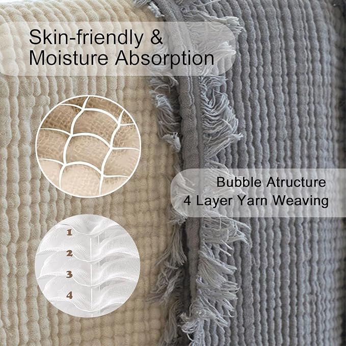 MorroMorn 100% Cotton Muslin Blanket with Fringes Twin Size 60"x80", 4-Layer Gauze Blankets for Adults, Boho Bedding Breathable Lightweight Ultra-Soft for Couch Bed All Seasons, Grey