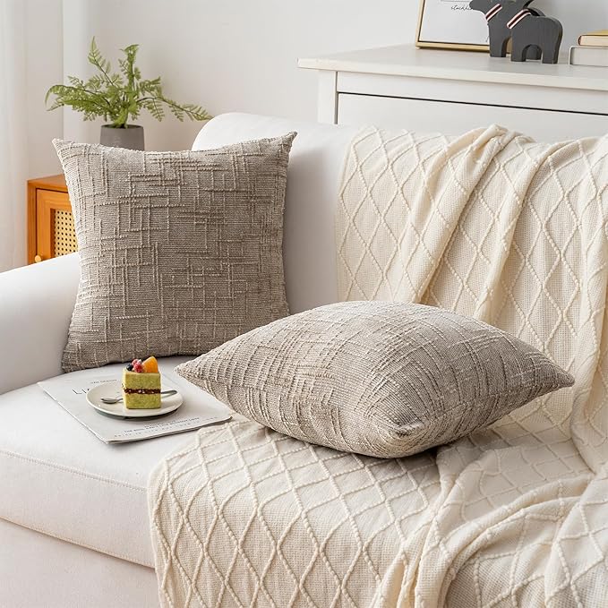 Decorative Throw Pillow Covers 22x22 Inch Set of 2, Soft Solid Farmhouse Chenille Couch Pillows, Spring Pillow Covers for Couch Sofa Bed Living Room Home Decor Pillowcase, Light Khaki