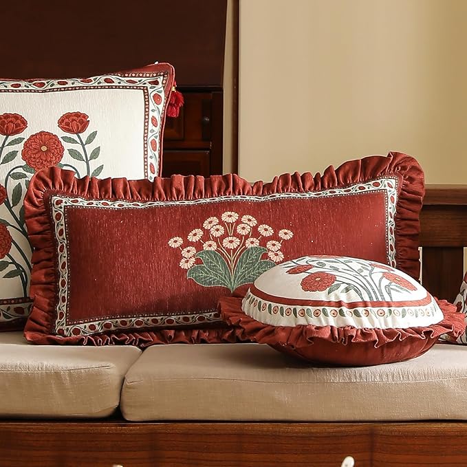 Round Throw Pillow Covers,Red Cozy Velvet with Leaves and Floral Pattern Pillowcases,Decoration Pillows Cushion Covers for Living Room Couch Sofa Bed Car Chair,Diameter 16"
