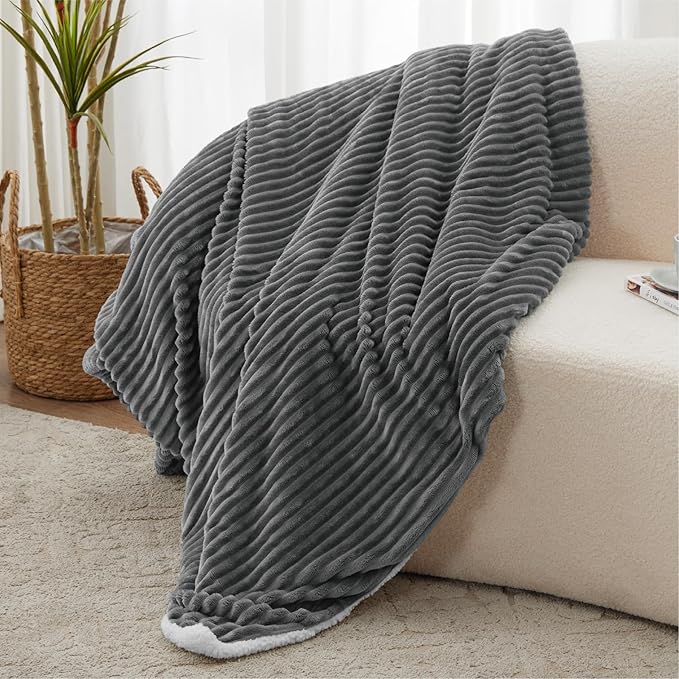 Sherpa Blanket Throw - Soft Cozy Fleece, Warm for Winter, Reversible for Sofa, Grey, 50 x 60 Inches