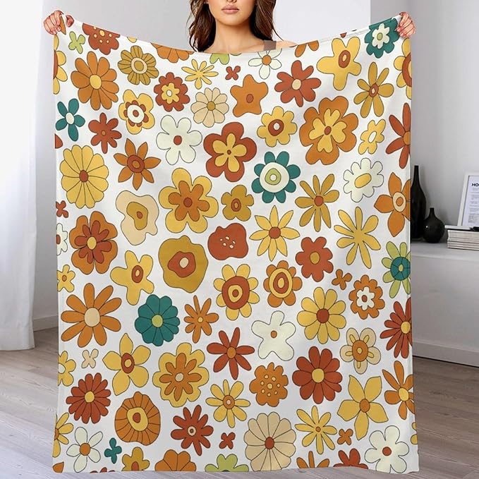 Vintage Hippie Floral Blanket, 70s Boho Abstract Yellow Orange Flowers Funny Print Throw Blanket for Holiday Theme Home Decor Bedding Couch 40"x50"