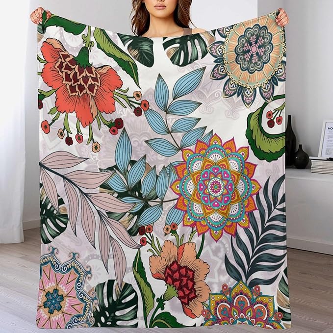 Boho Flowers Blanket for Women Girls, Rustic Bohemian Mandala Palm Leaves Plants Botanical Print Blanket for Bedroom Living Room Couch Sofa, 40"x50"