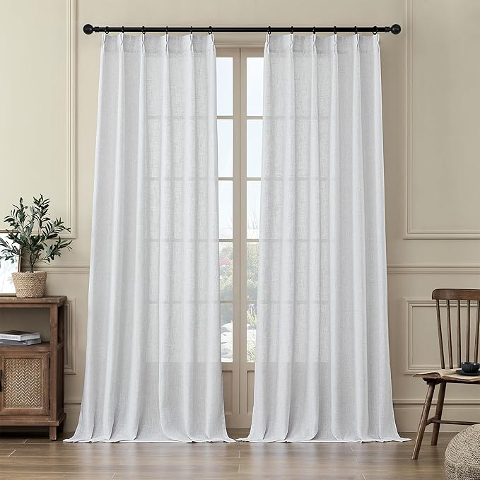 MASWOND Extra Long White Pinch Pleat Linen Curtains 120 Inches Long 2 Panels for Living Room Semi Sheer Pleated Back Tab 2 Story Drapes Light Filtering Curtain with Hooks for Dining Room W38xL120