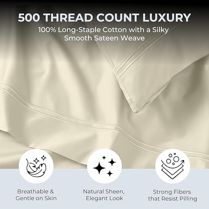 100% Natural Cotton Bed Sheets | 500 TC Single-Ply Sateen Weave Twin Sheets Set | Breathable & Hypoallergenic Solid 3-Piece Bedding with Deep Pocket Fitted, Flat, Pillowcase | Cream Beige