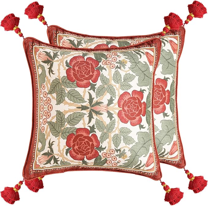 Throw Pillow Covers Pack of 2,Red Cozy Velvet with Leaves and Floral Pattern Pillowcases,Decoration Square Pillows Cushion Covers for Living Room Couch Sofa Bed Car Chair,18"x18"
