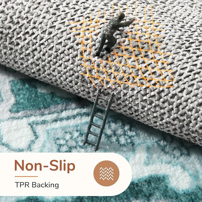 OPPODREAM Thin Area Rugs 5x7, 5x7 Washable Rug with Non Slip Backing, 5 x 7 Faux Cashmere Low-Pile Carpet, Teal & Turquoise & Cream