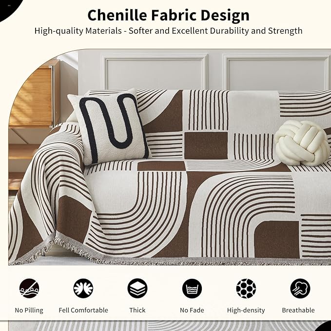 Boho Couch Cover Sofa Covers Washable, Chenille Couch Covers for 3 Cushion Couch Sofa Pet Friendly, Bohemian Sofa Slipcovers for Sectional Sofa, Loveseat, 2 3 4 Seater (71" x 150", Coffee)