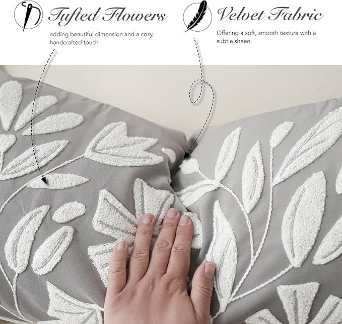 BlissBlush Grey Velvet Floral Decorative Throw Pillow Cover 20X20, Light Gray Floral Tufted Soft Farmhouse Textured Pillowcase, Accent Pillowcase for Couch Sofa Bed Living Room