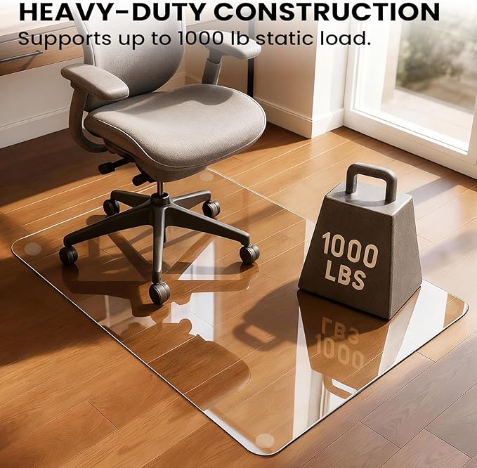 Tempered Glass Chair Mat, 55" x 46" Glass Office Chair Mat, 1/5" Thick Clear Floor Mat with Anti-Slip Pads, Heavy Duty Glass Mat for Carpeted and Hard Floor