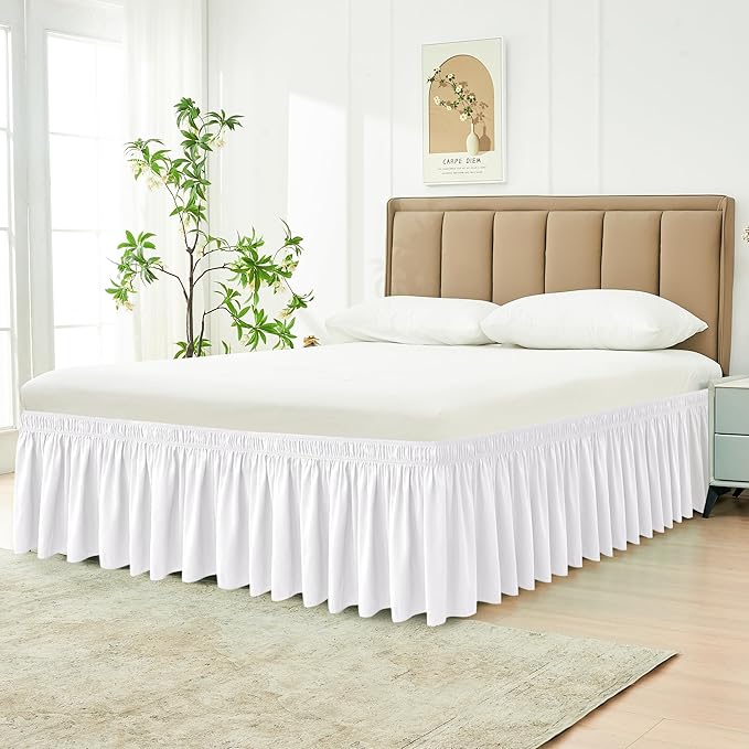 Biscaynebay Wrap Around Bed Skirts for Full & Full XL Beds with Extra Long Drop of 21", White Adjustable Elastic Dust Ruffles Easy Fit Wrinkle Resistant Silky Luxurious Fabric Machine Washable