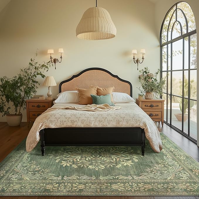 jinchan Floral 6x9 Green Area Rugs for Living Room - Machine Washable Vintage Distressed Design Soft Throw Rug Non-Slip Large Christmas Carpet for Bedroom Home Office Nursery (6x9ft, Dark Green)
