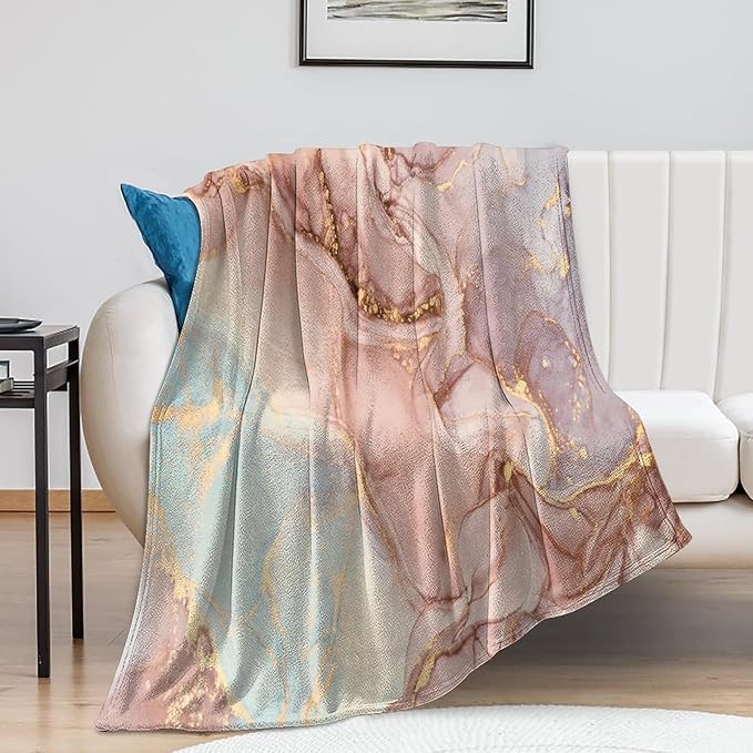 Abstract Marble Blanket, Modern Luxury Baroque Golden Pink Purple Stone Veins Pattern Soft Warm Cozy Plush Flannel Covers for Livingroom Bedroom Couch Chair Camping Travel Home Decor Tapestry 50x60in